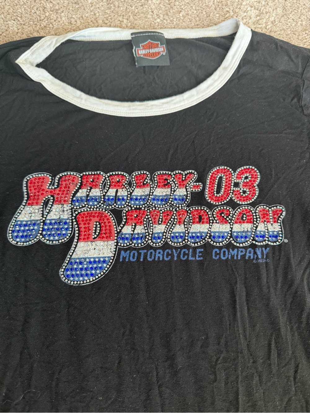 Y2K Grunge Core Harley-Davidson Black Scoopneck Bedazzled Patriotic Tee